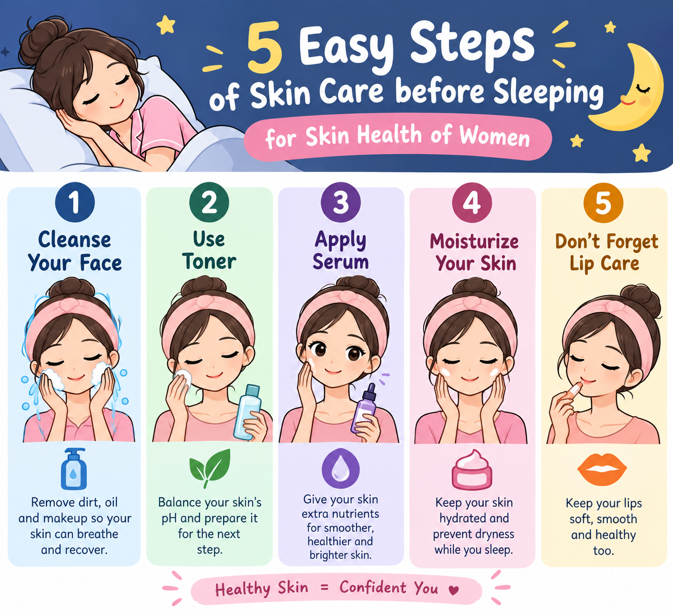 5 easy steps of skin care before sleeping for skin health of women